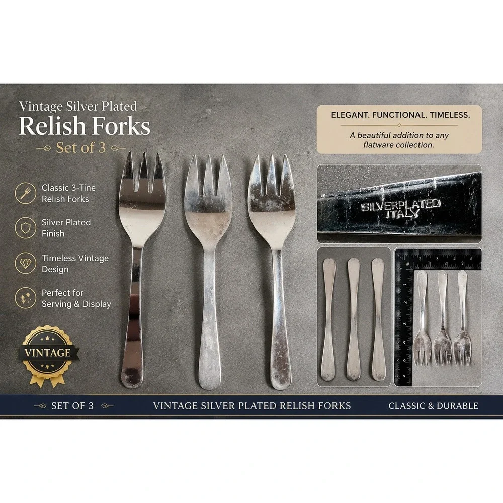 Vintage Silver Plated Relish Forks Set of 3 Made in Italy 3-Tine Appetizer Forks
